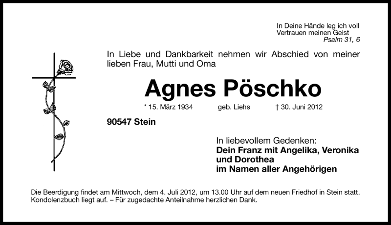  Traueranzeige für Agnes Pöschko vom 03.07.2012 aus Gesamtausgabe Nürnberger Nachrichten/ Nürnberger Ztg.