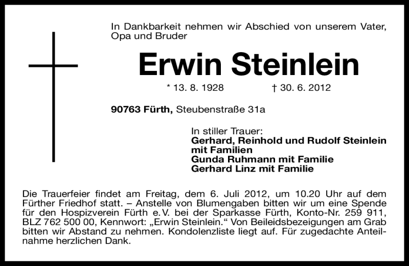  Traueranzeige für Erwin Steinlein vom 03.07.2012 aus Fürther Nachrichten Lokal