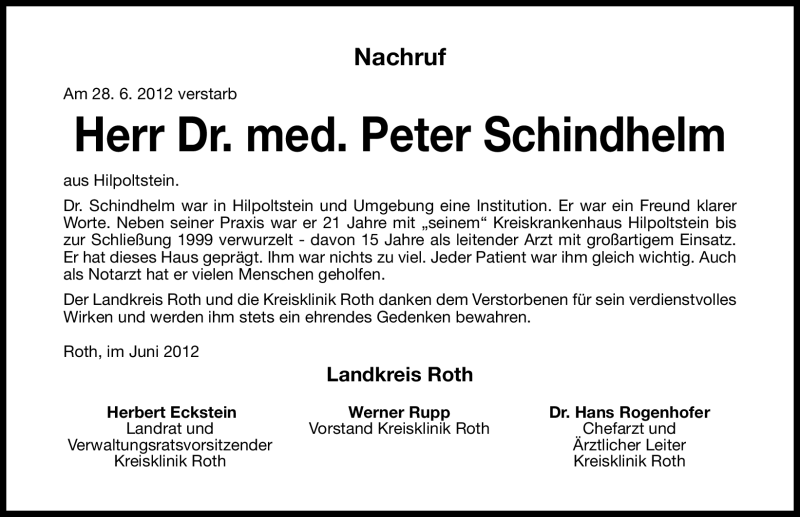  Traueranzeige für Peter Schindhelm vom 03.07.2012 aus Roth-Hilpoltsteiner Volkszeitung Lokal