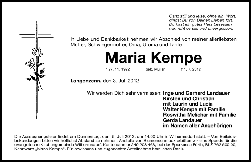  Traueranzeige für Maria Kempe vom 03.07.2012 aus Fürther Nachrichten Lokal