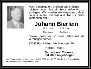 Traueranzeige von Johann Bierlein von Gesamtausgabe Nürnberger Nachrichten/ Nürnberger Ztg.