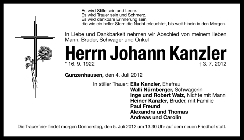  Traueranzeige für Johann Kanzler vom 04.07.2012 aus Altmühl-Bote Lokal