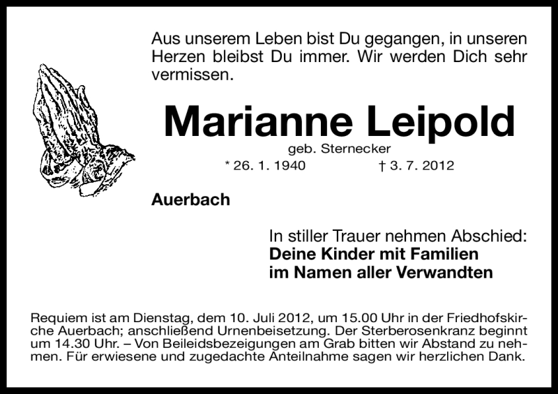  Traueranzeige für Marianne Leipold vom 05.07.2012 aus Nordbayerische Nachrichten Pegnitz Lokal