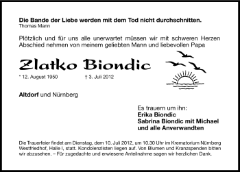 Traueranzeige von Zlatko Biondic von Gesamtausgabe Nürnberger Nachrichten/ Nürnberger Ztg.