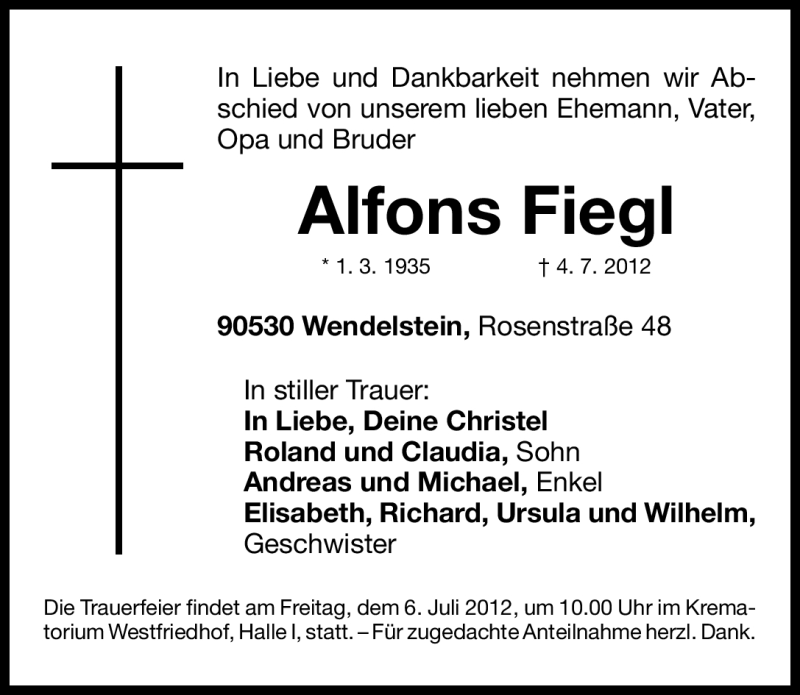  Traueranzeige für Alfons Fiegl vom 05.07.2012 aus Gesamtausgabe Nürnberger Nachrichten/ Nürnberger Ztg.