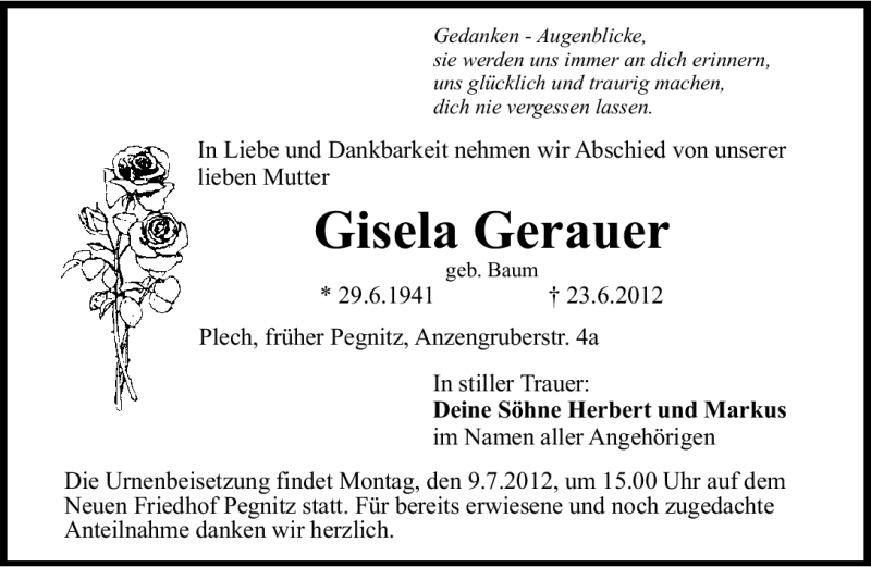  Traueranzeige für Gisela Gerauer vom 07.07.2012 aus Nordbayerische Nachrichten Pegnitz Lokal