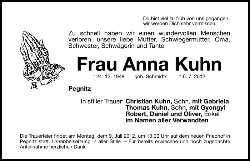  Traueranzeige für Anna Kuhn vom 07.07.2012 aus Nordbayerische Nachrichten Pegnitz Lokal