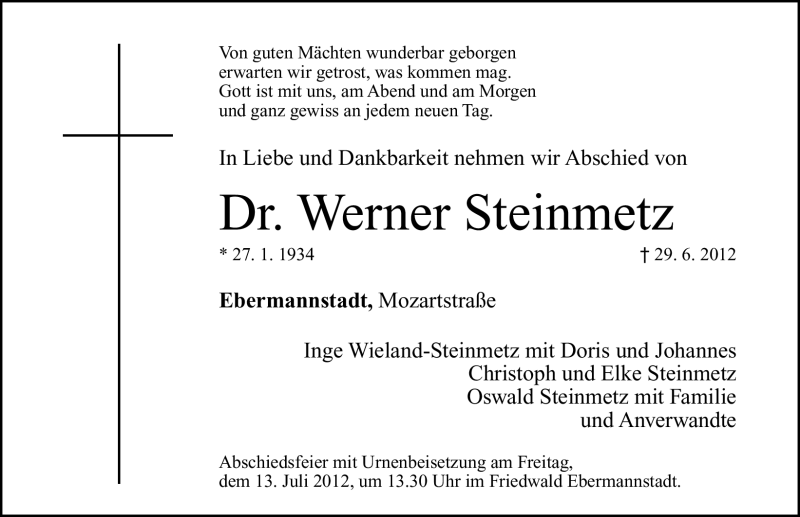  Traueranzeige für Werner Steinmetz vom 09.07.2012 aus Nordbayerische Nachrichten Forchheim Lokal