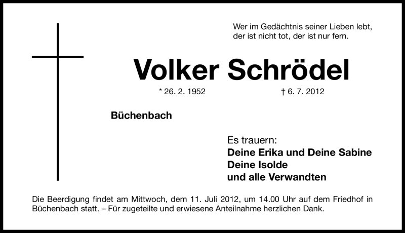  Traueranzeige für Volker Schrödel vom 09.07.2012 aus Roth-Hilpoltsteiner Volkszeitung Lokal