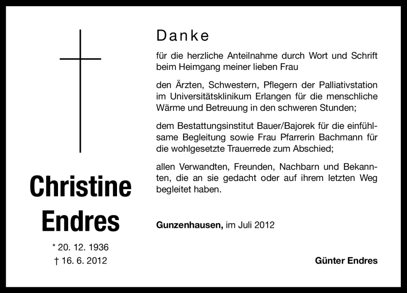  Traueranzeige für Christine Endres vom 10.07.2012 aus Altmühl-Bote Lokal