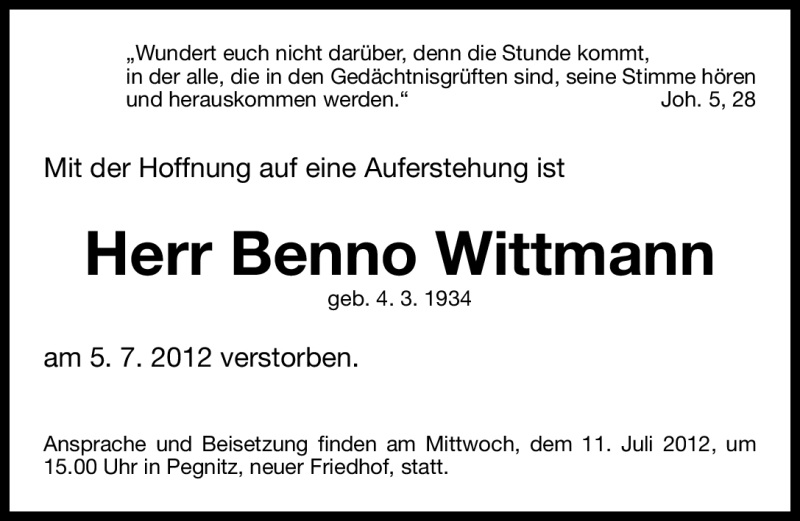  Traueranzeige für Benno Wittmann vom 11.07.2012 aus Nordbayerische Nachrichten Pegnitz Lokal