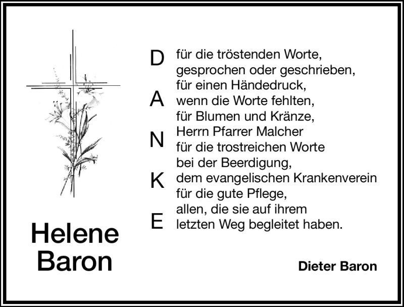  Traueranzeige für Helene Baron vom 12.07.2012 aus Altmühl-Bote Lokal