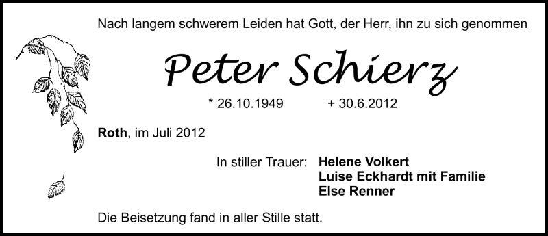  Traueranzeige für Peter Schierz vom 14.07.2012 aus Roth-Hilpoltsteiner Volkszeitung Lokal