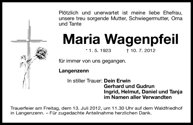  Traueranzeige für Maria Wagenpfeil vom 12.07.2012 aus Fürther Nachrichten Lokal