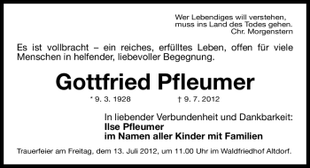 Traueranzeige von Gottfried Pfleumer von Gesamtausgabe Nürnberger Nachrichten/ Nürnberger Ztg.