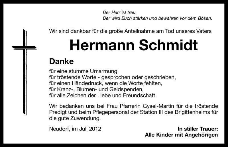  Traueranzeige für Hermann Schmidt vom 14.07.2012 aus Nordbayerische Nachrichten Pegnitz Lokal