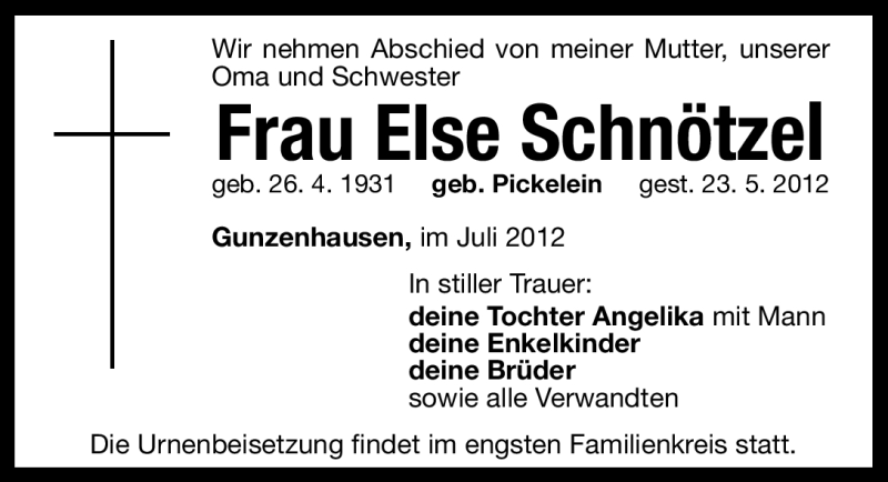  Traueranzeige für Else Schnötzel vom 20.07.2012 aus Altmühl-Bote Lokal