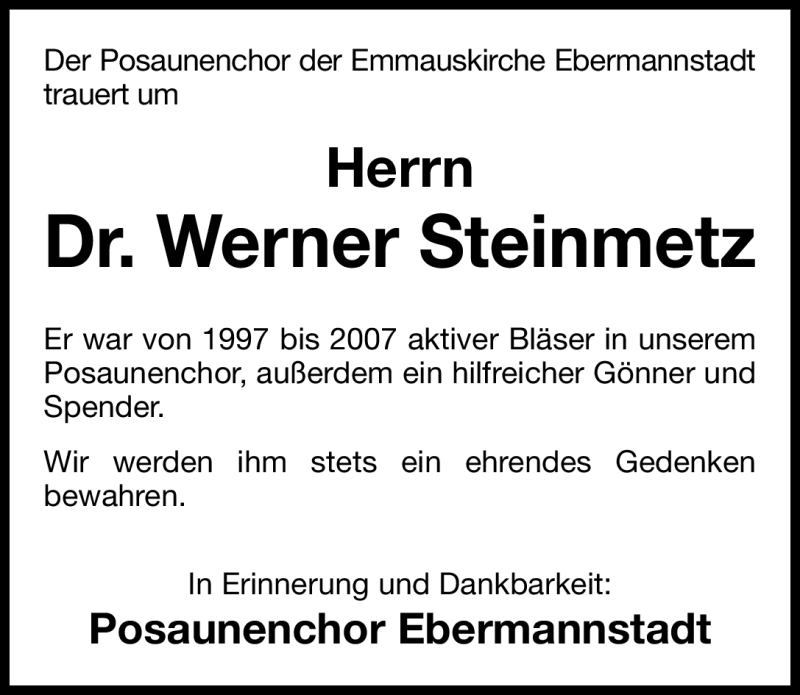  Traueranzeige für Werner Steinmetz vom 13.07.2012 aus Nordbayerische Nachrichten Forchheim Lokal