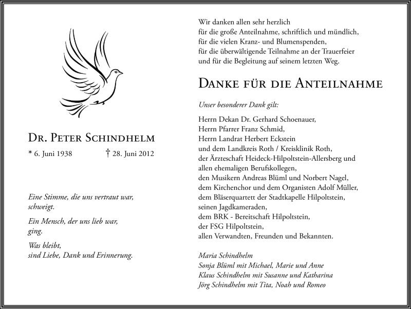  Traueranzeige für Peter Schindhelm vom 14.07.2012 aus Roth-Hilpoltsteiner Volkszeitung Lokal