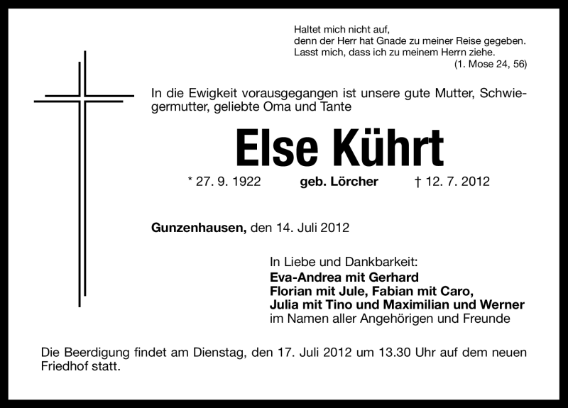  Traueranzeige für Else Kührt vom 14.07.2012 aus Altmühl-Bote Lokal