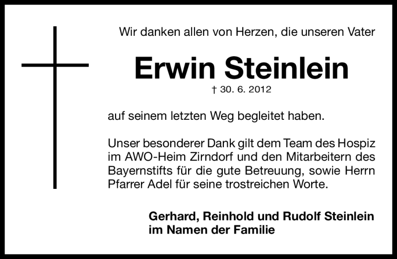  Traueranzeige für Erwin Steinlein vom 21.07.2012 aus Fürther Nachrichten Lokal
