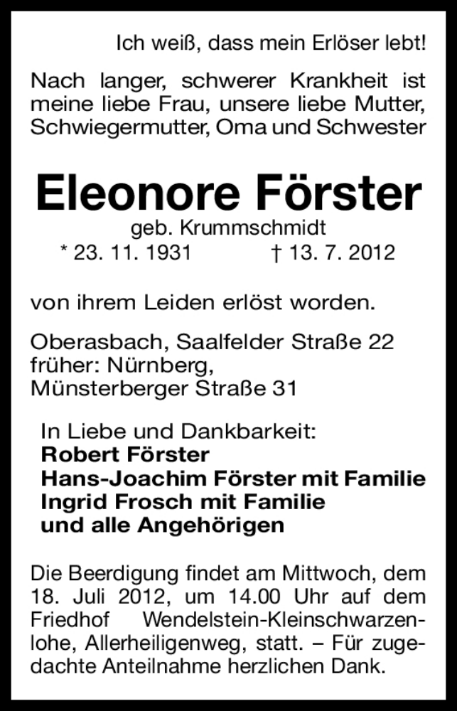  Traueranzeige für Eleonore Förster vom 16.07.2012 aus Gesamtausgabe Nürnberger Nachrichten/ Nürnberger Ztg.