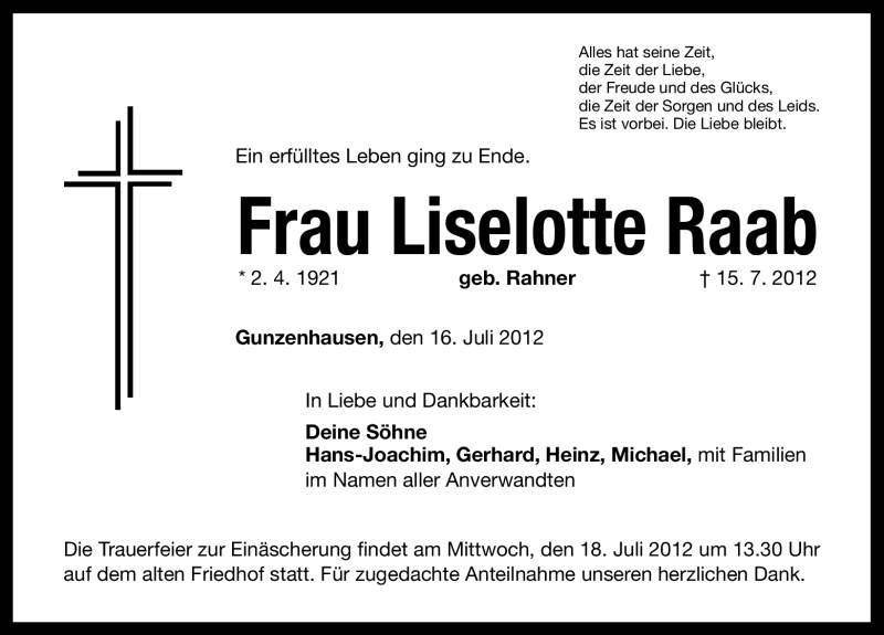  Traueranzeige für Liselotte Raab vom 16.07.2012 aus Altmühl-Bote Lokal