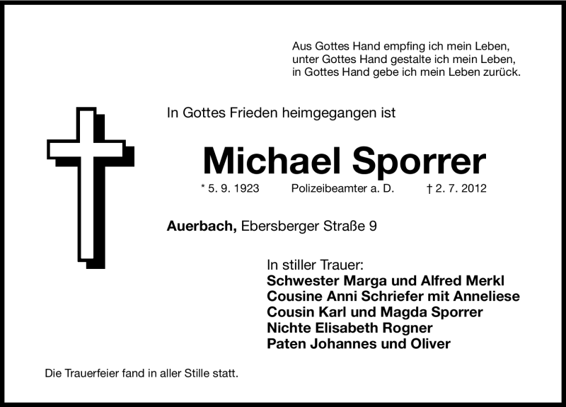  Traueranzeige für Michael Sporrer vom 17.07.2012 aus Nordbayerische Nachrichten Pegnitz Lokal