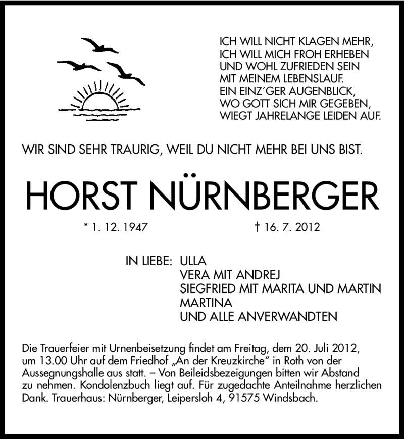  Traueranzeige für Horst Nürnberger vom 18.07.2012 aus Roth-Hilpoltsteiner Volkszeitung Lokal