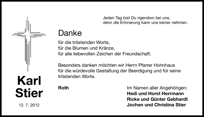  Traueranzeige für Karl Stier vom 18.07.2012 aus Roth-Hilpoltsteiner Volkszeitung Lokal