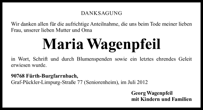  Traueranzeige für Maria Wagenpfeil vom 20.07.2012 aus Fürther Nachrichten Lokal