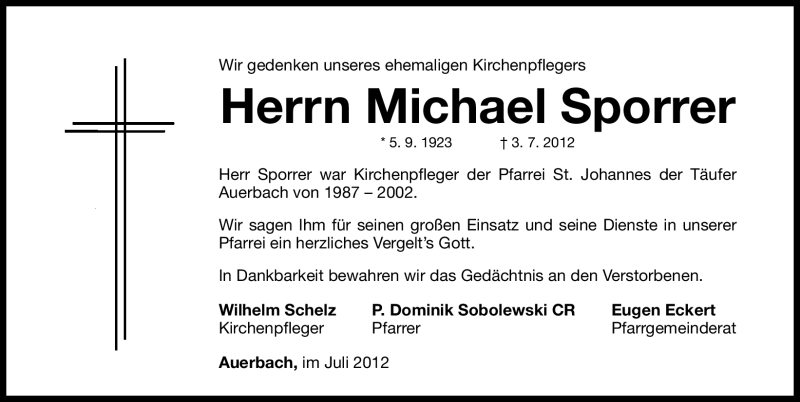  Traueranzeige für Michael Sporrer vom 21.07.2012 aus Nordbayerische Nachrichten Pegnitz Lokal