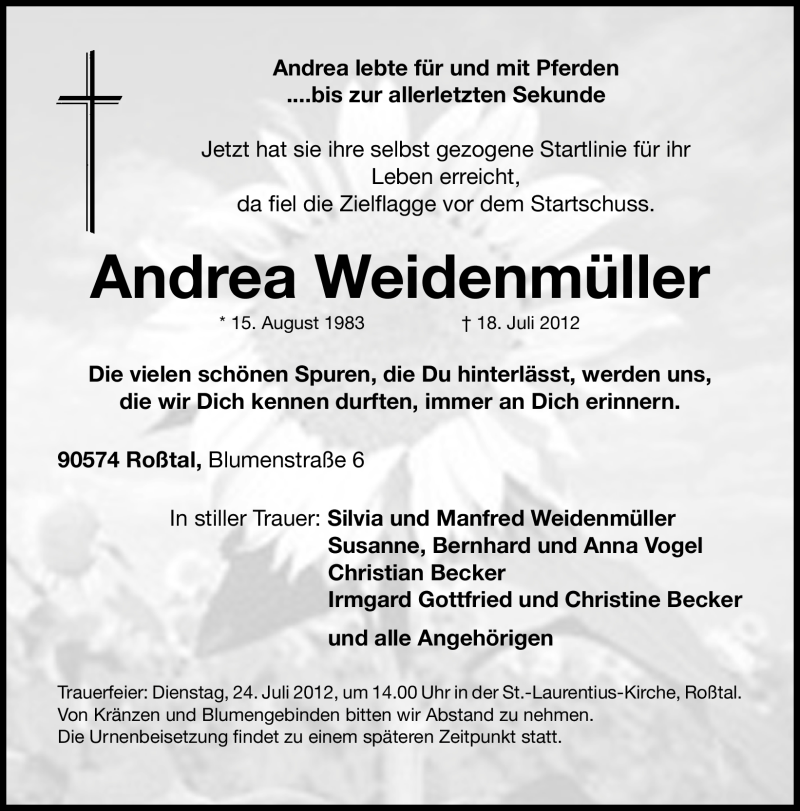  Traueranzeige für Andrea Weidenmüller vom 21.07.2012 aus Fürther Nachrichten Lokal