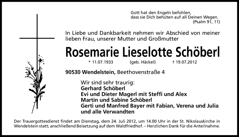  Traueranzeige für Rosemarie Lieselotte Schöberl vom 21.07.2012 aus Gesamtausgabe Nürnberger Nachrichten/ Nürnberger Ztg.