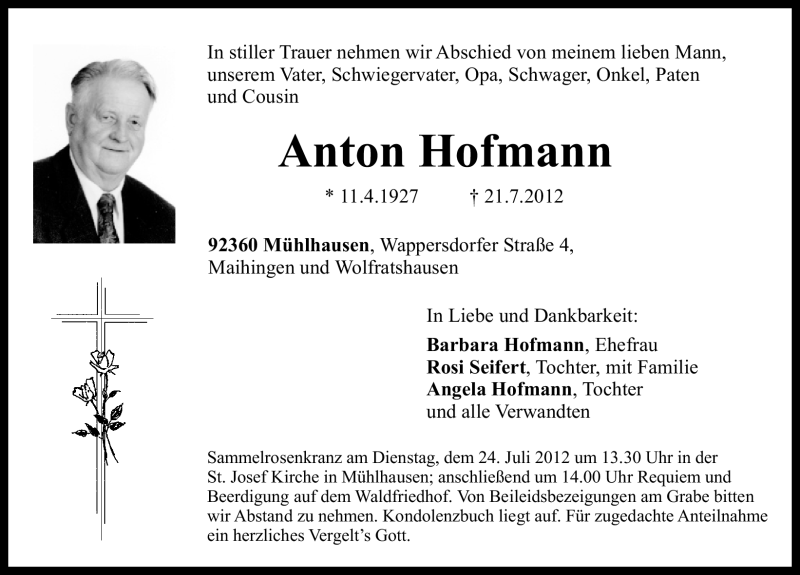 Traueranzeigen von Anton Hofmann trauer.nn.de