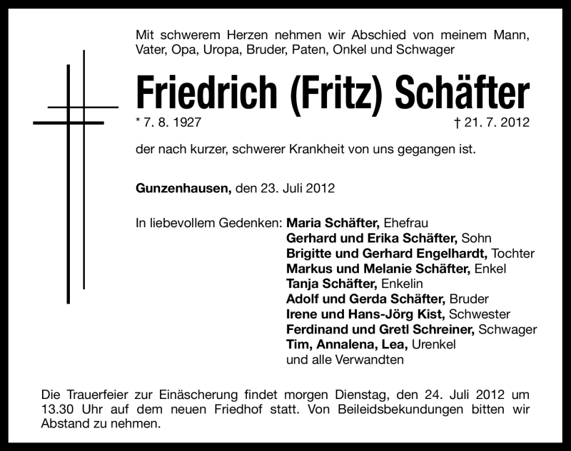  Traueranzeige für Friedrich Schäfter vom 23.07.2012 aus Altmühl-Bote Lokal