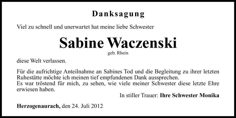  Traueranzeige für Sabine Waczenski vom 24.07.2012 aus Nordbayerische Nachrichten Herzogenaurach Lokal