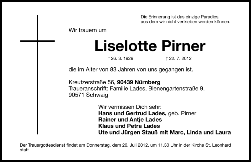  Traueranzeige für Lieselotte Pirner vom 24.07.2012 aus Gesamtausgabe Nürnberger Nachrichten/ Nürnberger Ztg.