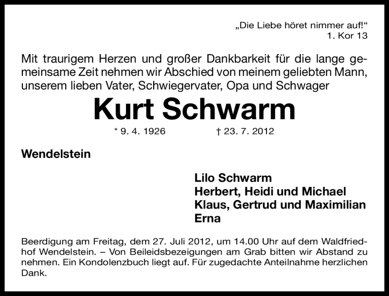  Traueranzeige für Kurt Schwarm vom 25.07.2012 aus Gesamtausgabe Nürnberger Nachrichten/ Nürnberger Ztg.