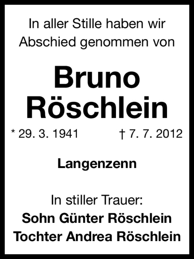  Traueranzeige für Bruno Röschlein vom 26.07.2012 aus Fürther Nachrichten Lokal