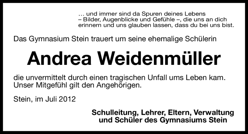  Traueranzeige für Andrea Weidenmüller vom 25.07.2012 aus Fürther Nachrichten Lokal