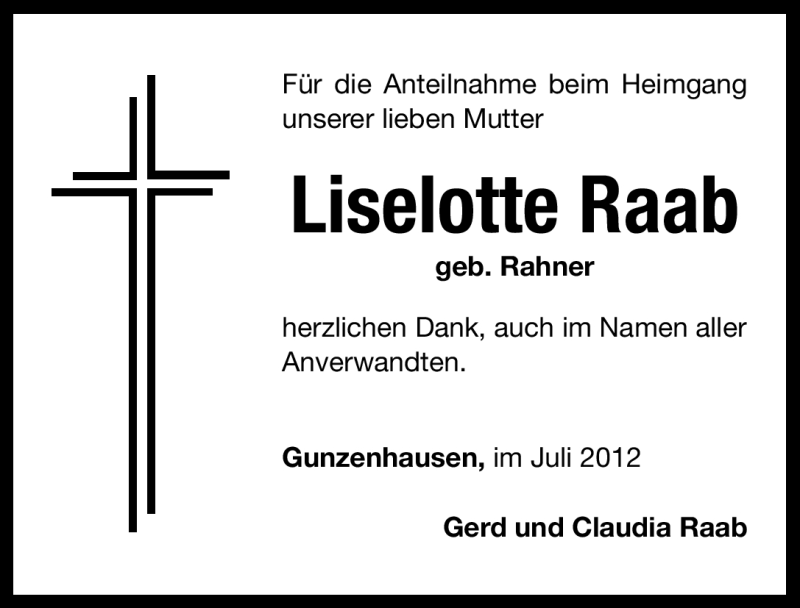  Traueranzeige für Liselotte Raab vom 25.07.2012 aus Altmühl-Bote Lokal