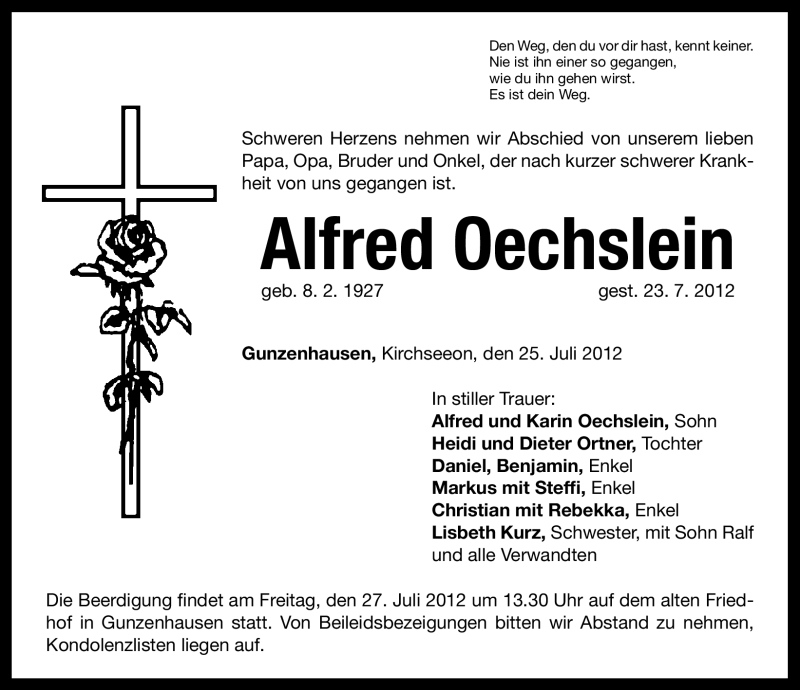  Traueranzeige für Alfred Oechslein vom 25.07.2012 aus Altmühl-Bote Lokal
