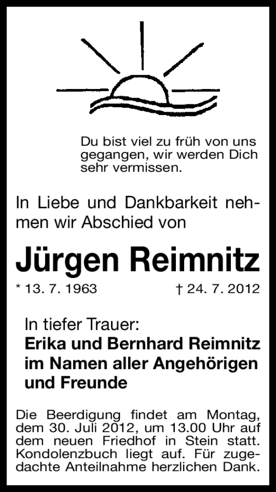  Traueranzeige für Jürgen Reimnitz vom 28.07.2012 aus Gesamtausgabe Nürnberger Nachrichten/ Nürnberger Ztg.
