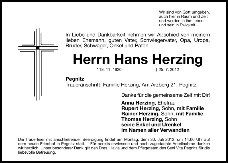  Traueranzeige für Hans Herzing vom 27.07.2012 aus Nordbayerische Nachrichten Pegnitz Lokal