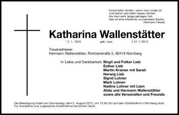 Traueranzeige von Katharina Wallenstätter von Gesamtausgabe Nürnberger Nachrichten/ Nürnberger Ztg.