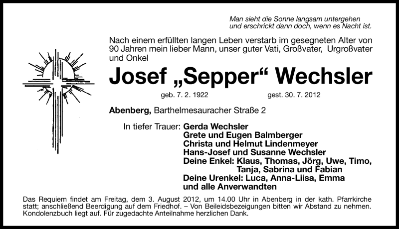  Traueranzeige für Josef Wechsler vom 01.08.2012 aus Roth-Hilpoltsteiner Volkszeitung Lokal