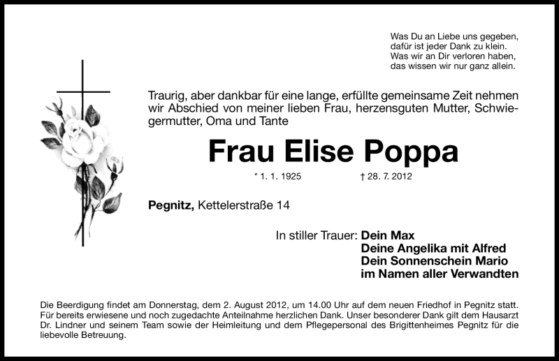  Traueranzeige für Elise Poppa vom 31.07.2012 aus Nordbayerische Nachrichten Pegnitz Lokal
