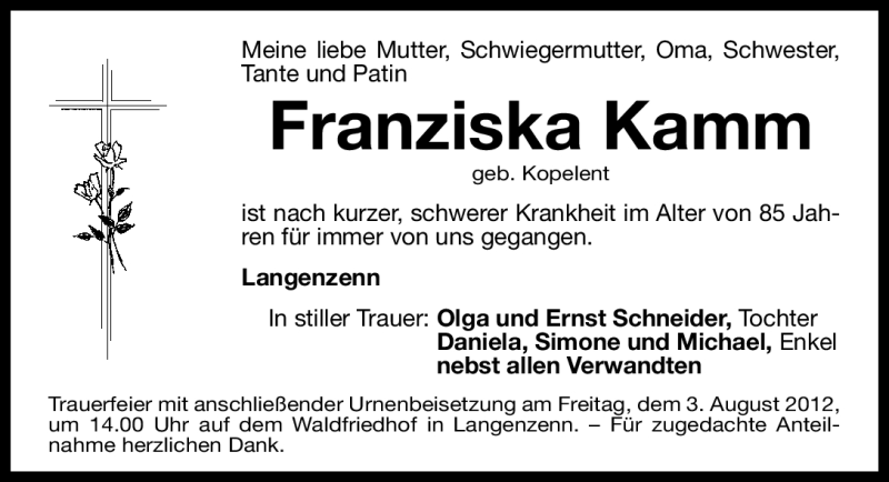  Traueranzeige für Franziska Kamm vom 01.08.2012 aus Fürther Nachrichten Lokal