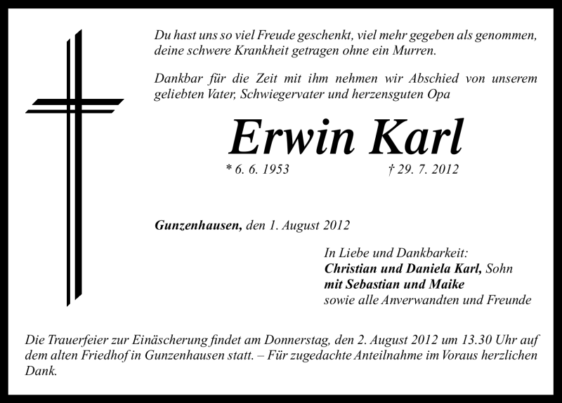  Traueranzeige für Erwin Karl vom 01.08.2012 aus Altmühl-Bote Lokal